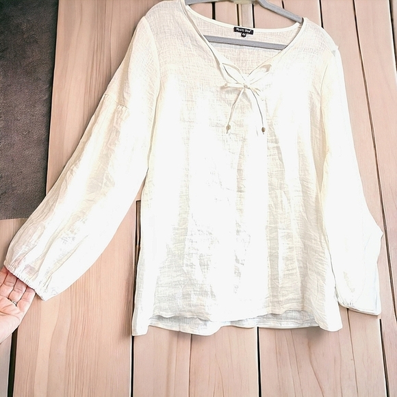 Ivory Linen Boho MYSTIC BLUE Pullover Blouse Size 16 - Picture 5 of 9